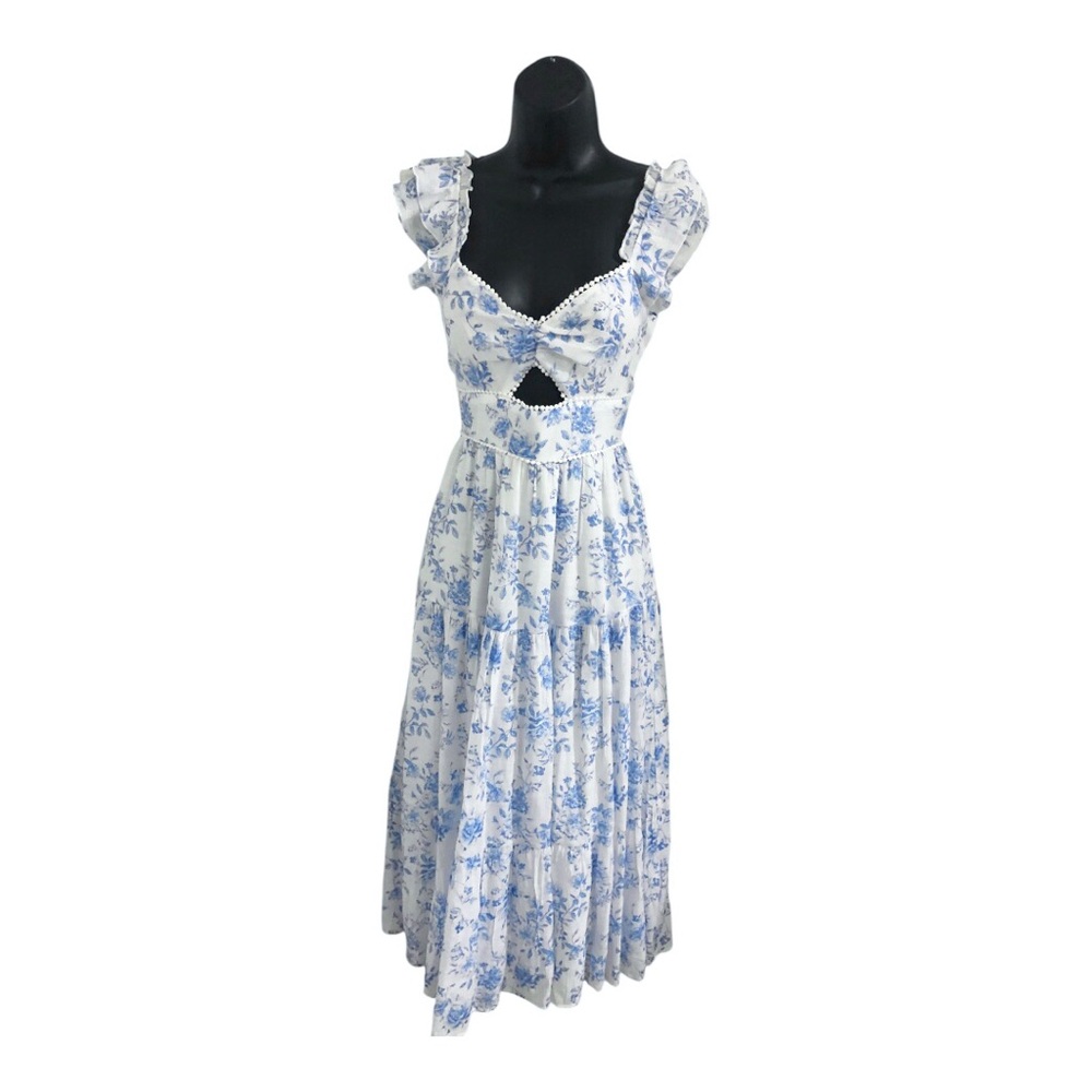 Trixxi white blue floral flutter sleeve v-neck cutout dotted tiered dress size M